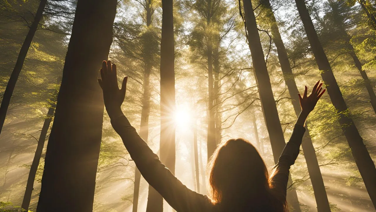 Frau mit erhobenen Händen im Wald, Sonnenstrahlen durchbrechen die Bäume