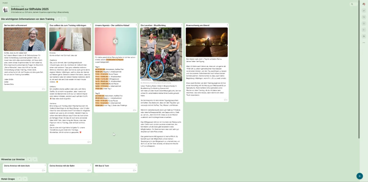 Sandra Dirks – Screenshot in Padlet mit Information zum Event und zur Tagungslocation, Hoteltipps etc.