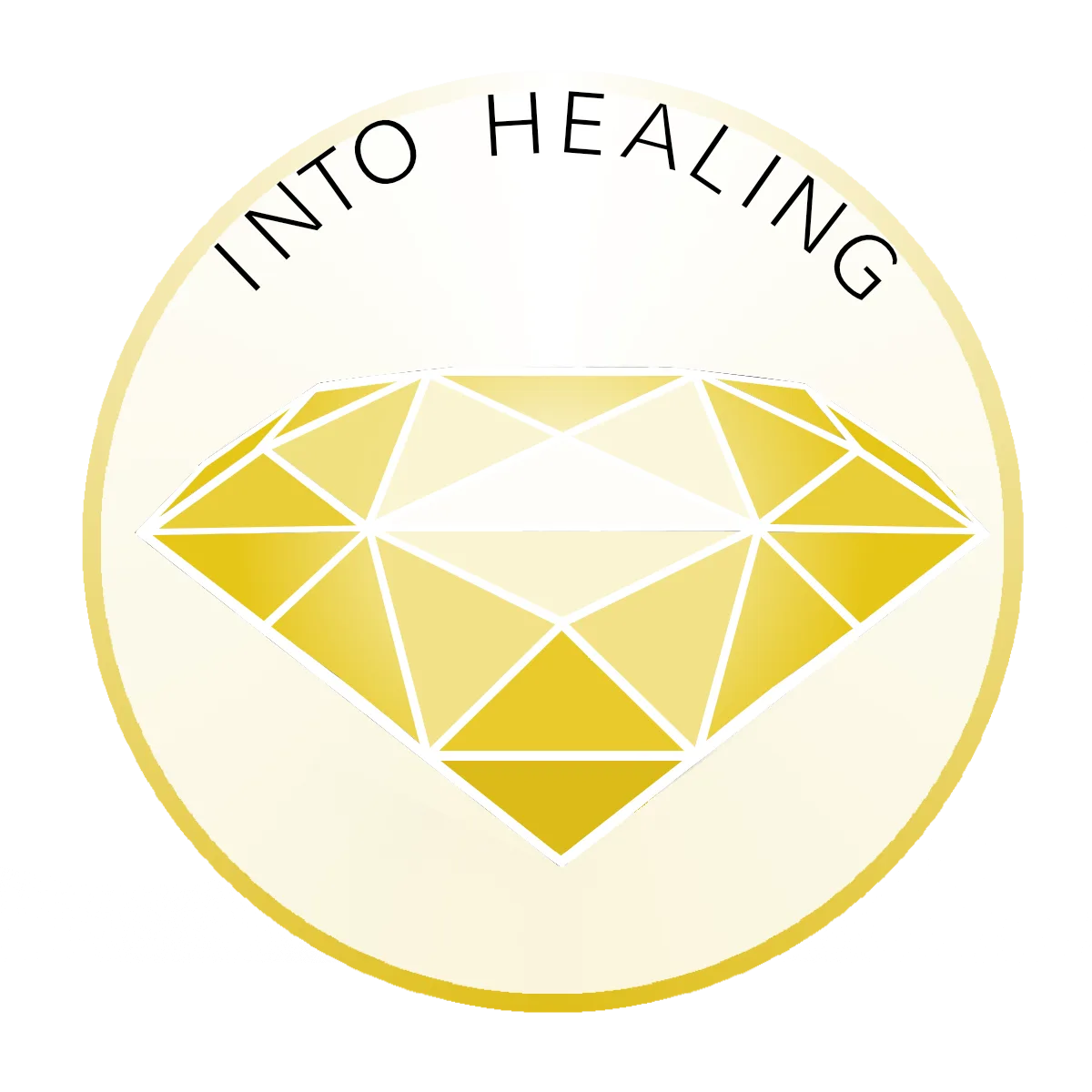 Rundes Logo mit geometrischem Diamanten in Goldtönen, Text INTO HEALING im Kreis