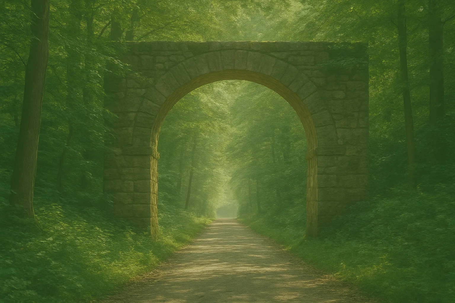 Waldweg mit Steinbogentor, Sonnenlicht fällt durch Laub, Natur-Hintergrund ohne Textoverlay
