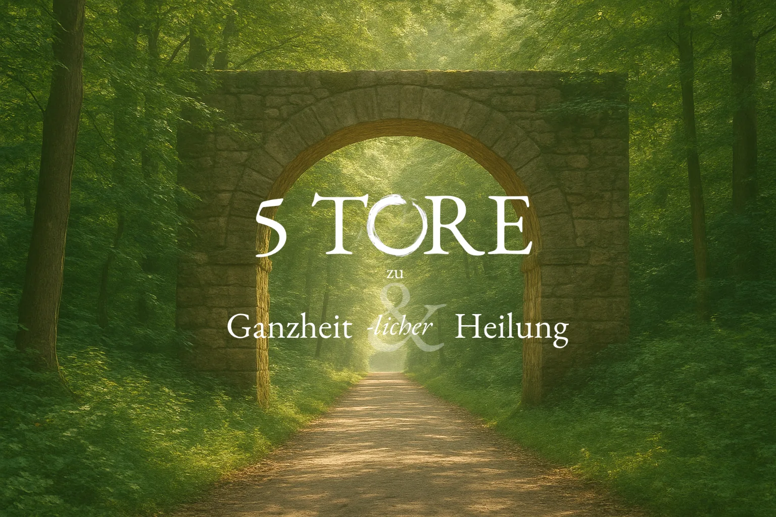 Hero-Bild zum Kongress mit Waldweg durch Steinbogentor, Textoverlay 5 TORE zu Ganzheit lieber Heilung