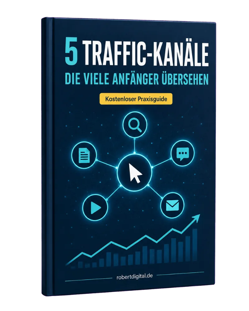5 unbekannte Traffic-Strategien – E-Book über Website-Traffic 3 E-Book-Cover: 5 Traffic-Kanäle, die viele Anfänger übersehen – Kostenloser Praxisguide mit Neon-Icons und Wachstumsgraph