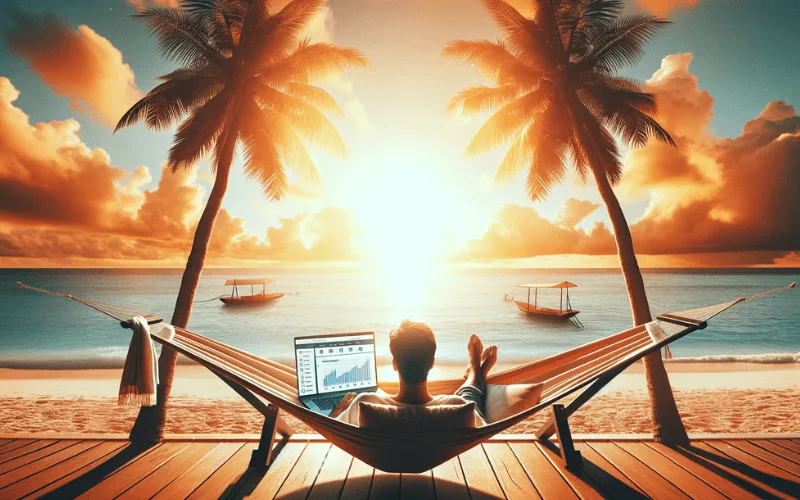5 unbekannte Traffic-Strategien – E-Book über Website-Traffic 4 Person in Hängematte mit Laptop am Strand bei Sonnenuntergang, Palmen und Boote im Hintergrund