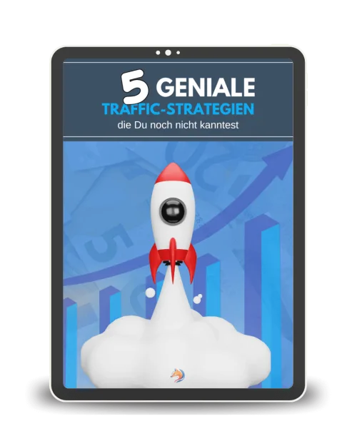5 unbekannte Traffic-Strategien – E-Book über Website-Traffic 5 Tablet-Mockup mit E-Book-Cover: 5 geniale Traffic-Strategien mit Raketen-Illustration auf blauem Hintergrund