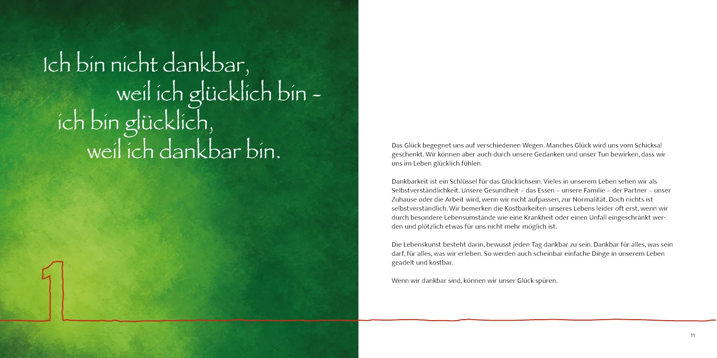 Buchseite mit Impuls 1 und Zitat 'Ich bin nicht dankbar, weil ich glücklich bin' auf grünem Hintergrund