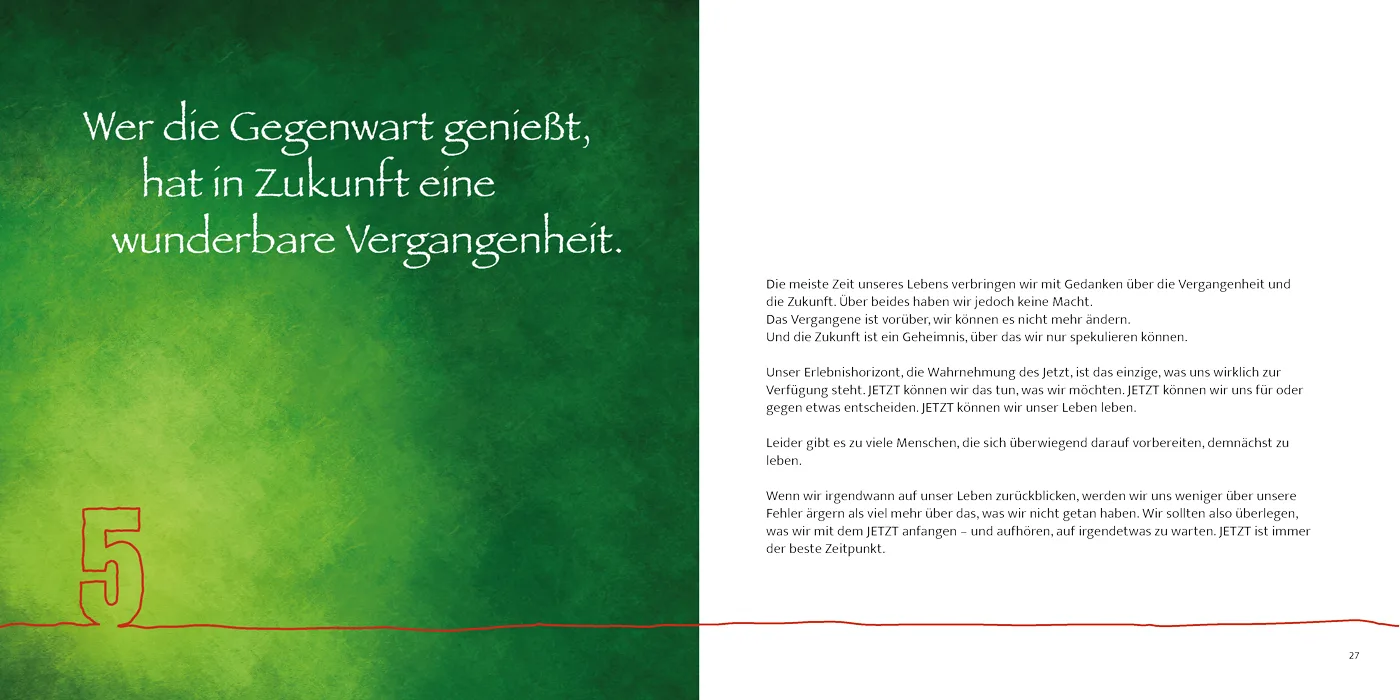 Buch-Doppelseite mit grünem Hintergrund, großer Ziffer 5 und motivierendem Zitat