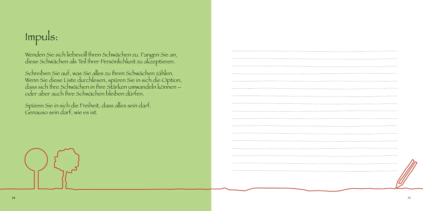 Aufgeschlagenes Buch mit grüner linker Seite und weißer rechter Seite mit Linien zum Ausfüllen