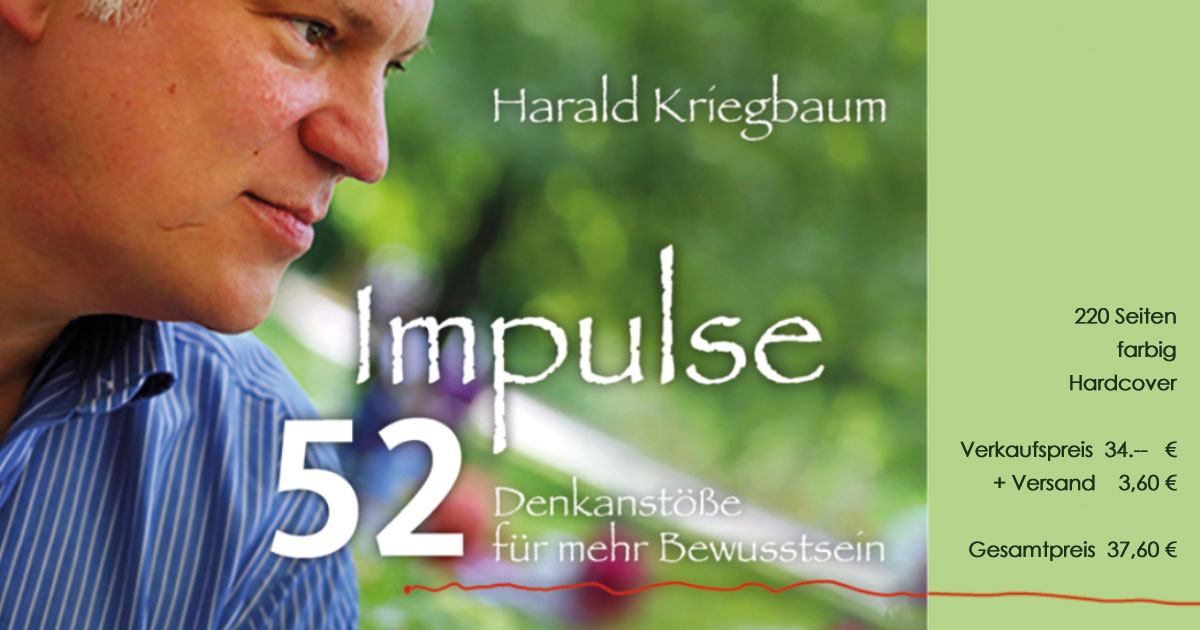 Cover des Buchs '52 Impulse' von Harald Kriegbaum mit Porträt eines Mannes im blauen Hemd vor grünem Hintergrund