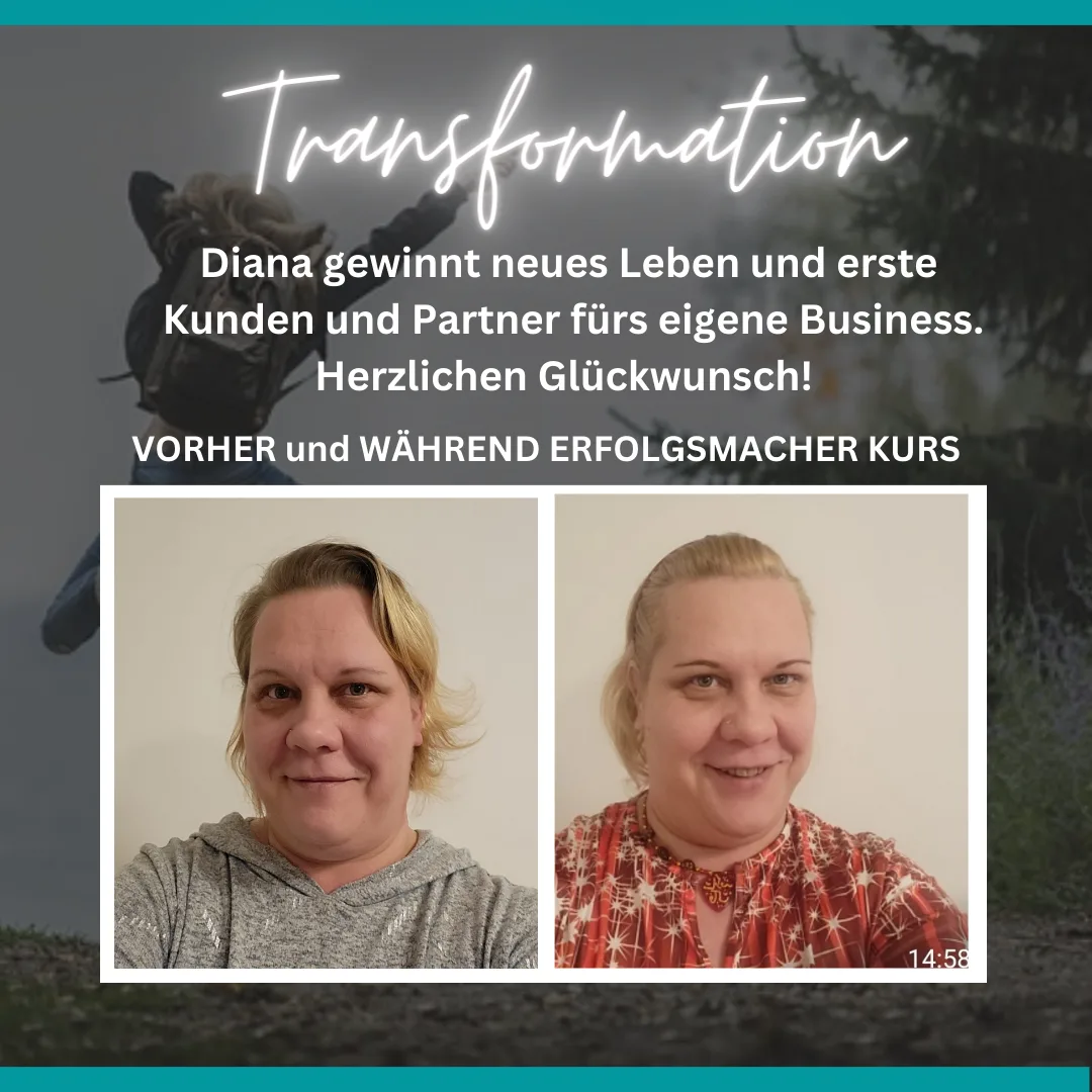 Transformation-Instagram-Post mit Diana vorher-nachher während Erfolgsmacher Kurs mit Neon-Text