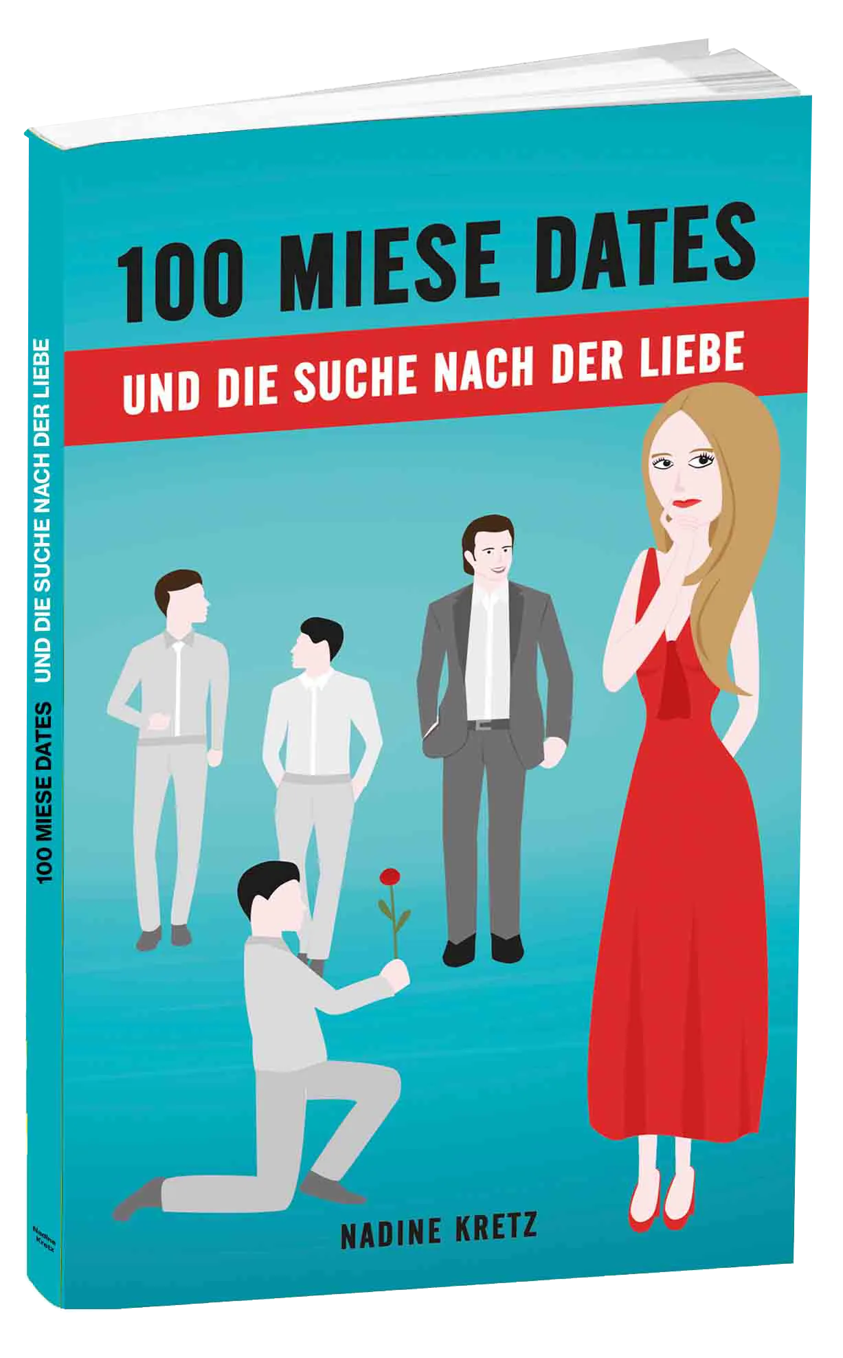Buchcover 100 Miese Dates türkis-rot Design mit Frau in rotem Kleid und Männer-Illustrationen