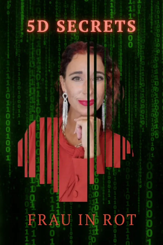 5D Secrets Hero-Image mit Frau in rotem Oberteil vor Matrix-Hintergrund mit grünem Zahlencode und schwarzen Streifen