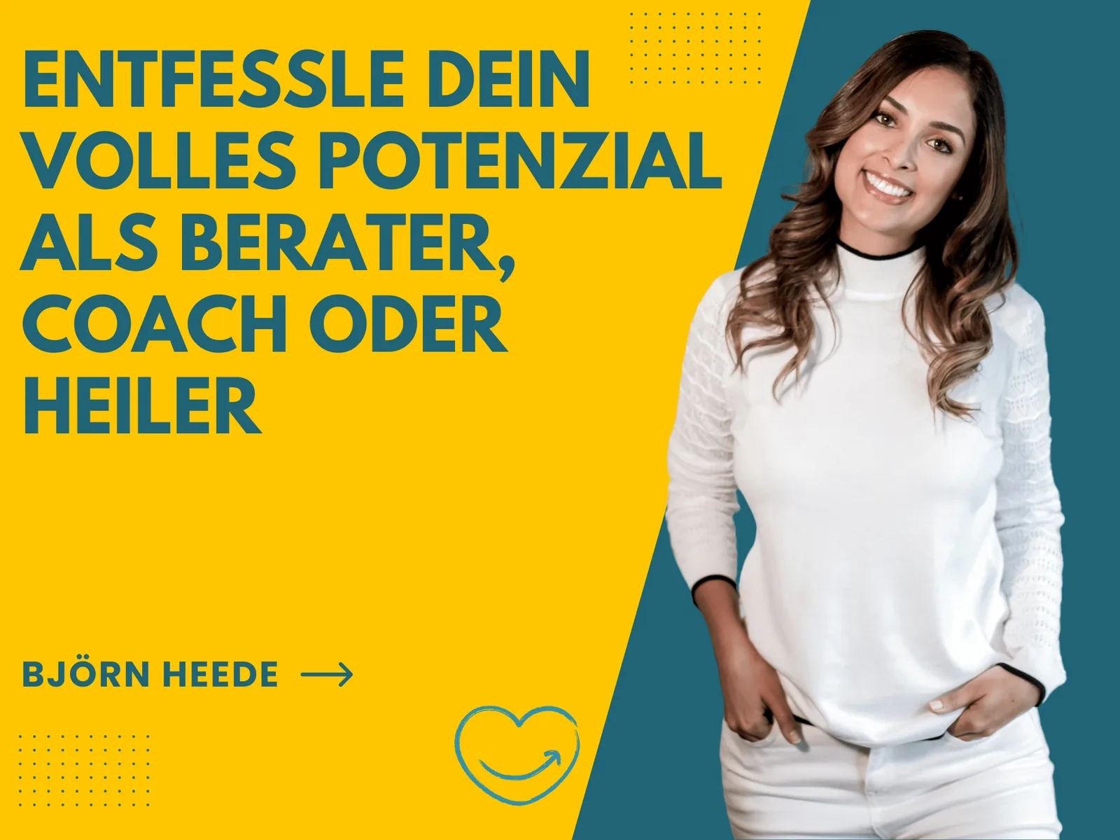 Präsentationsfolia mit gelb-blauem Design und Frauenporträt, Coaching-Thema