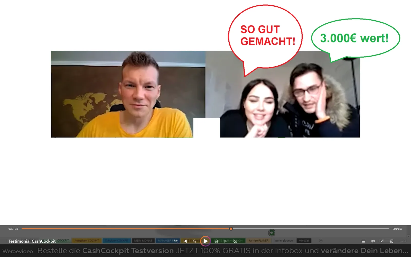 Testimonial CashCockpit mit zwei Personen, Bewertung 3.000 Euro Wert