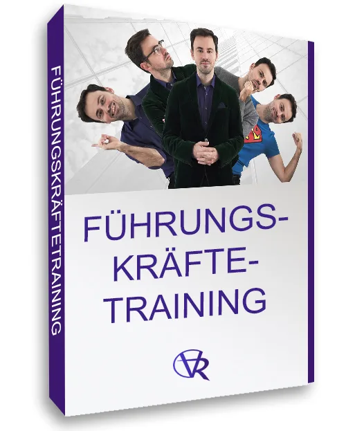 Produktbox mit violettem Rahmen, fünf Männer auf Cover, Text "Führungskräfte-Training"