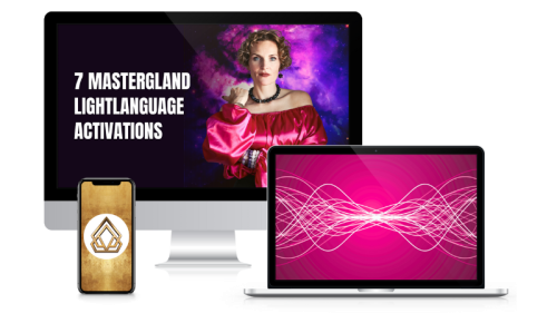 7 Mastergland Lightlanguage Activations Produktmockup mit Monitor, Laptop und Smartphone auf dunklem Hintergrund