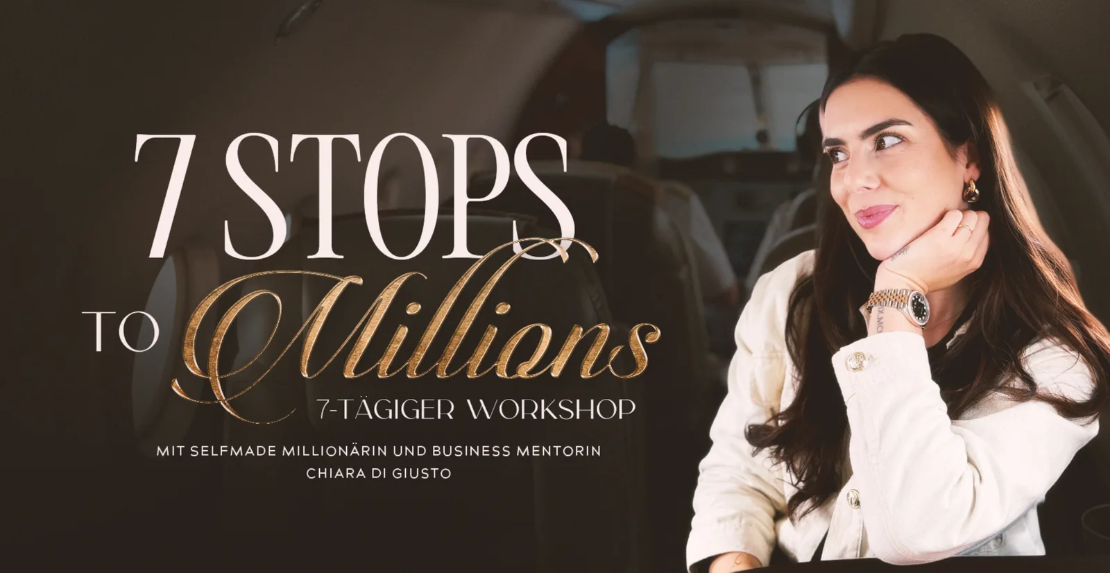 7 Stops to Millions Hero-Banner mit Chiara di Giusto, elegantes Bronze-Gold-Design