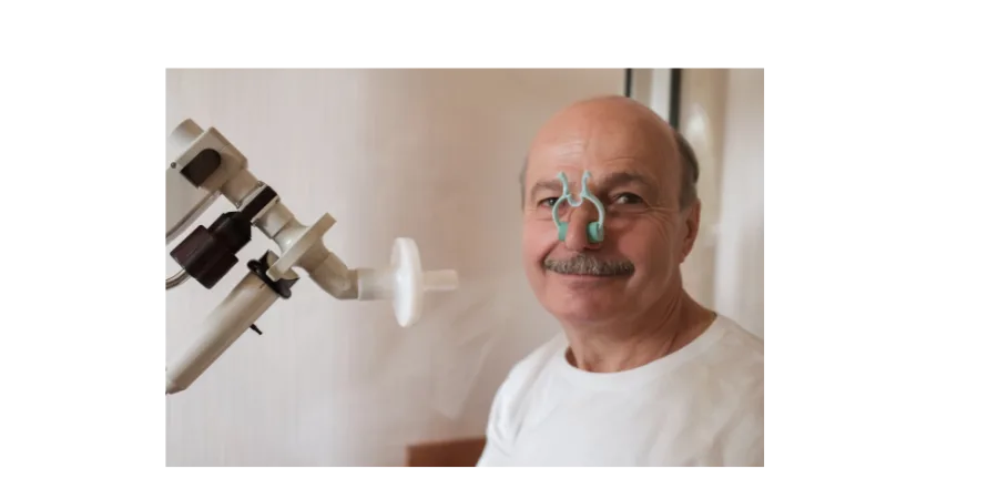 Mann mit Lungendiagramm-Overlay hält Spirometer-Gerät zur Atemfunktionsprüfung