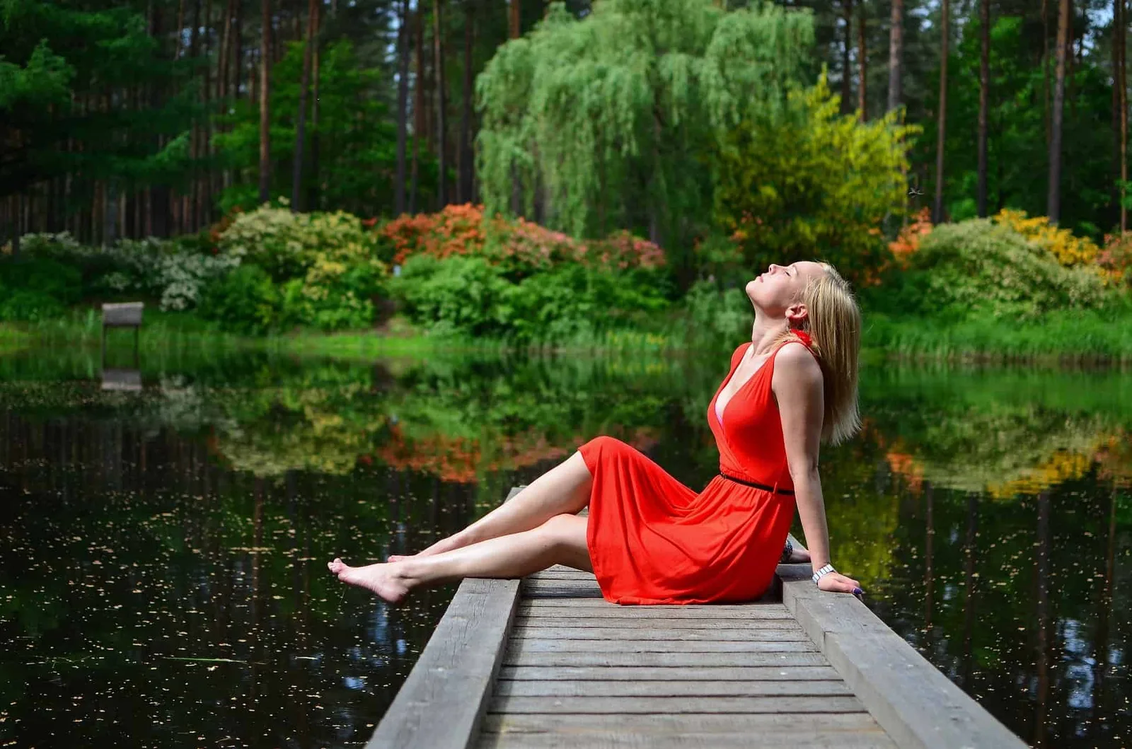 Frau in rotem Kleid sitzt auf Steg am See mit Waldlandschaft, Entspannung und Natur