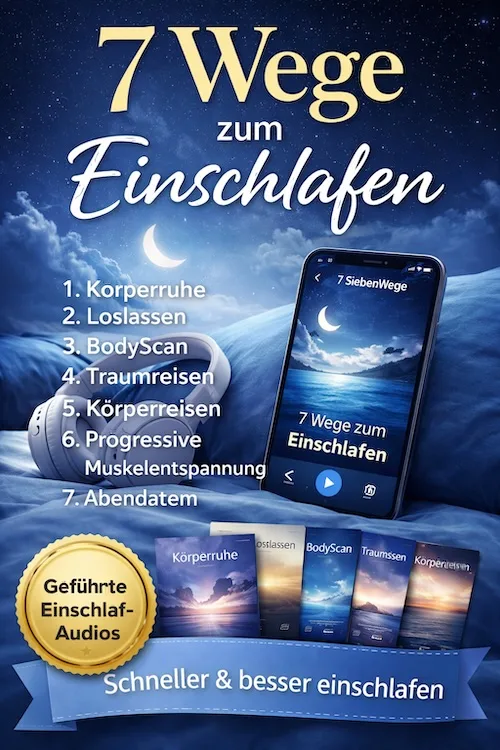 7 Wege zum Einschlafen – Produktcover mit Smartphone-Mockup und Audio-Modulen