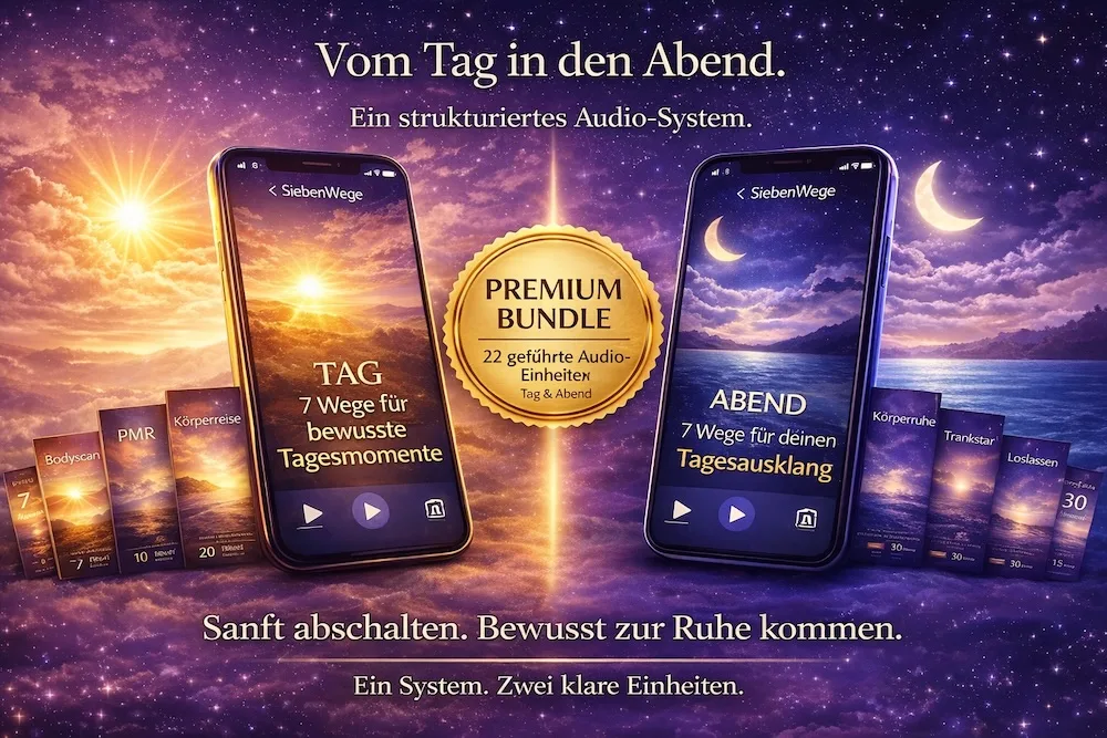 Hero-Banner mit Smartphones zeigt 7 Wege Premium Bundle für Tag und Abend mit Sonnenaufgang und Mondnacht