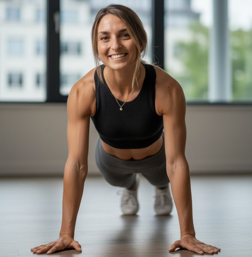 Frau in schwarzem Sport-Bra führt Push-up Position aus, modernes Fitnessstudio