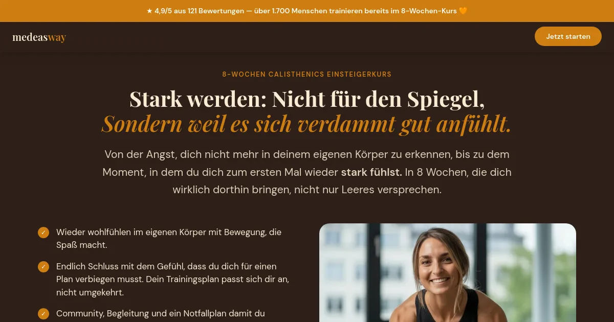 Hero-Banner des 8-Wochen Calisthenics Einsteigerkurs mit Testimonial und Kursbeschreibung