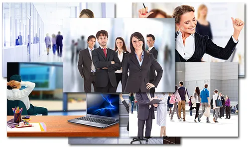 Collage mit Business-Fotos: Büroumgebung, Laptop, Geschäftsperson mit Tablet, Geschäftsteam in Anzügen, Gruppe von Menschen i