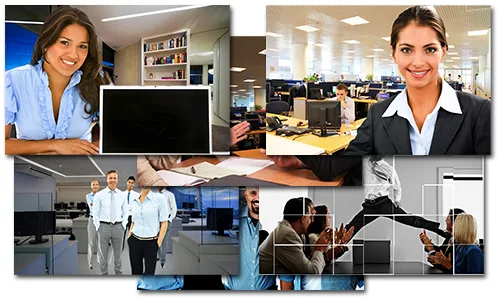 Collage mit Business-People-Fotos: Frau mit Tablet, leeres Monitor-Display, Büroarbeitsplatz mit Mitarbeitern, Frau mit Video