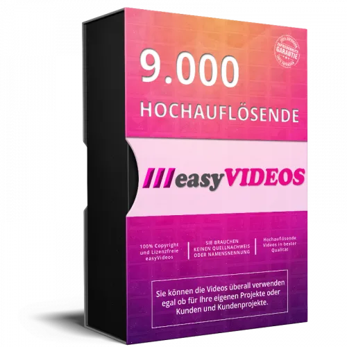Produktbox für 9.000 easyVideos Spezial Edition mit rosa-oranger Farbgestaltung und Produktabbildung
