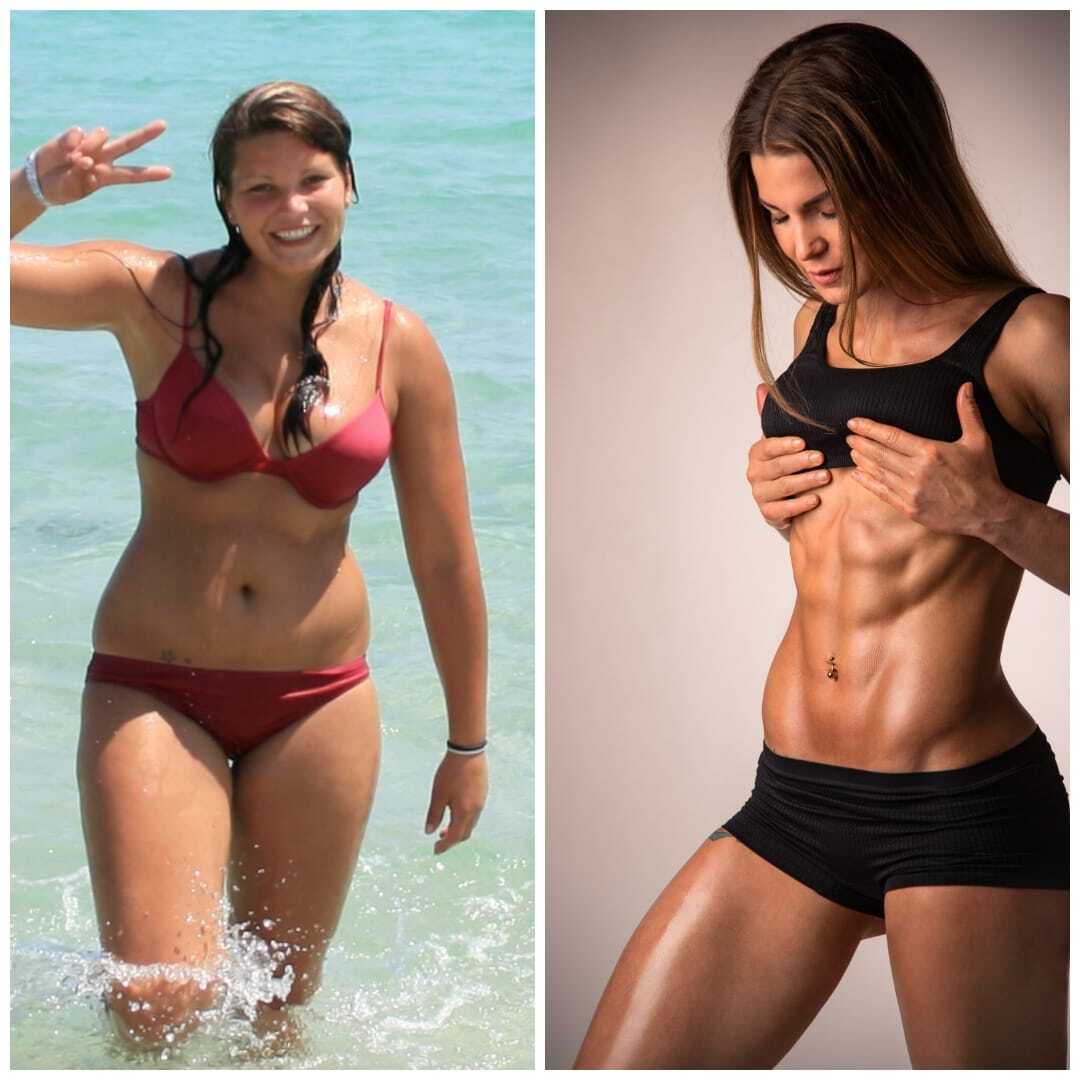 Vorher-Nachher Transformation einer Frau: links am Strand in rotem Bikini, rechts muskulös in schwarzem Sports-Top