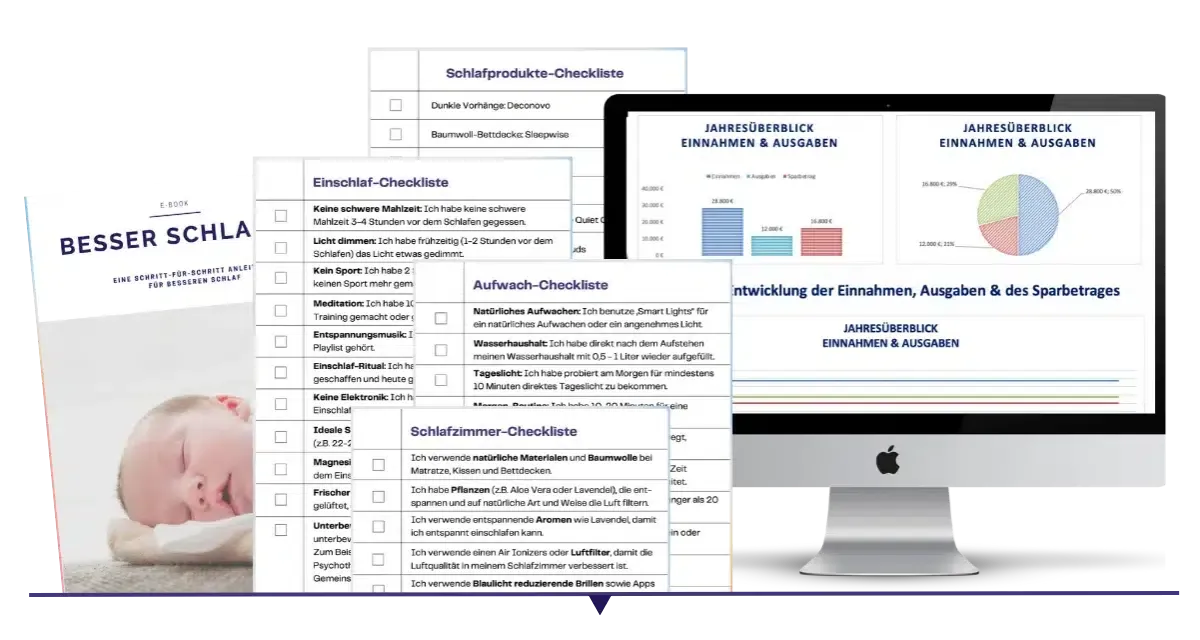 Mockup der 90-Tage-Finanz-Spar-Challenge mit Vorlagen auf Bildschirm, Tablet und Papierform