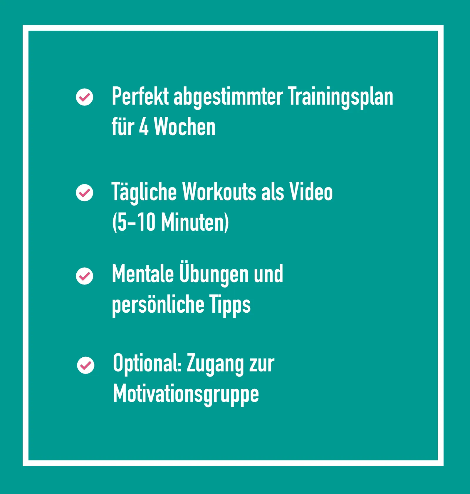 Checkliste der Produktinhalte auf Teal-Hintergrund mit weißem Rahmen