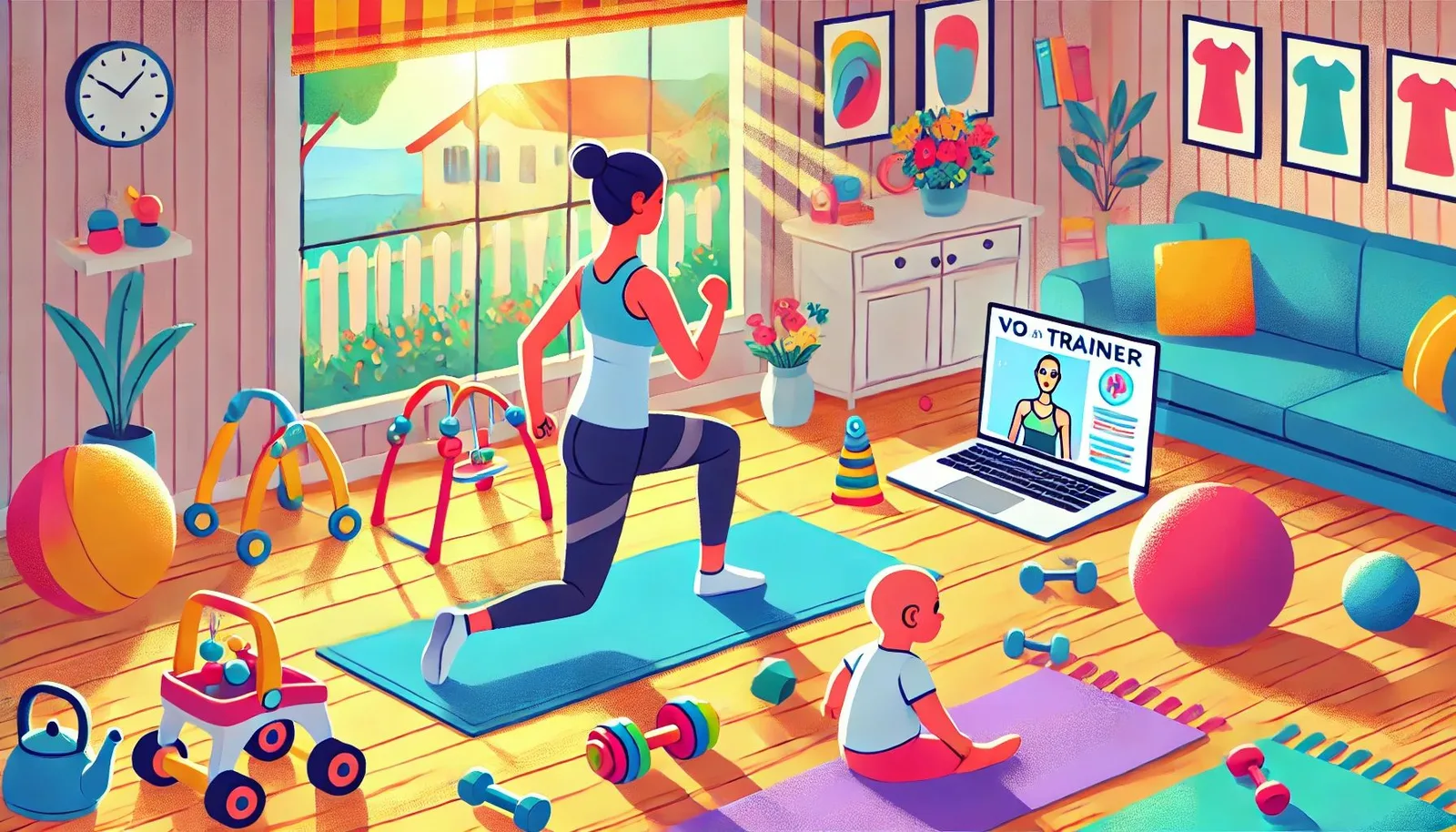 Illustrierte Szene einer Frau beim Home-Workout mit Laptop, AI-Trainer auf Bildschirm