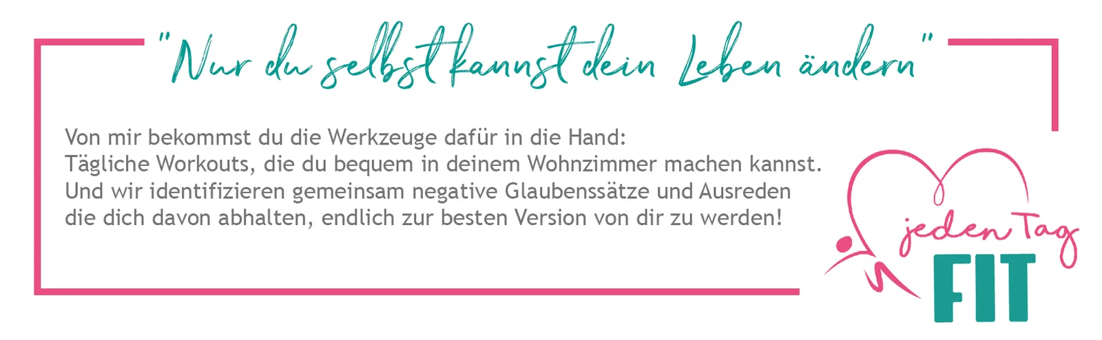 Landingpage-Banner mit Zitat und Produktlogo in Teal und Pink