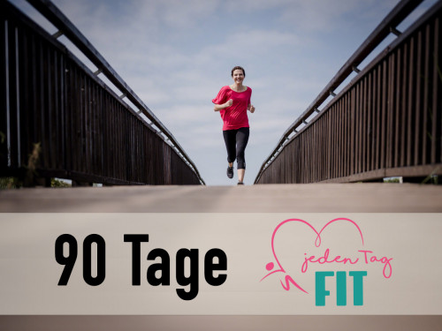 Läuferin in rotem Shirt auf Brücke, Produkttitel und Logo unten