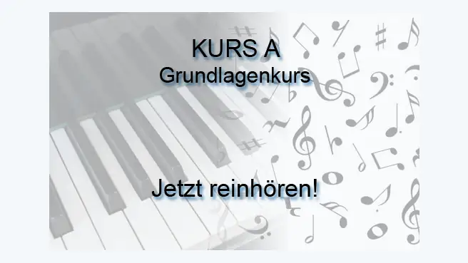 Kurs-Angebot mit Klaviertasten und Musiknoten-Grafiken