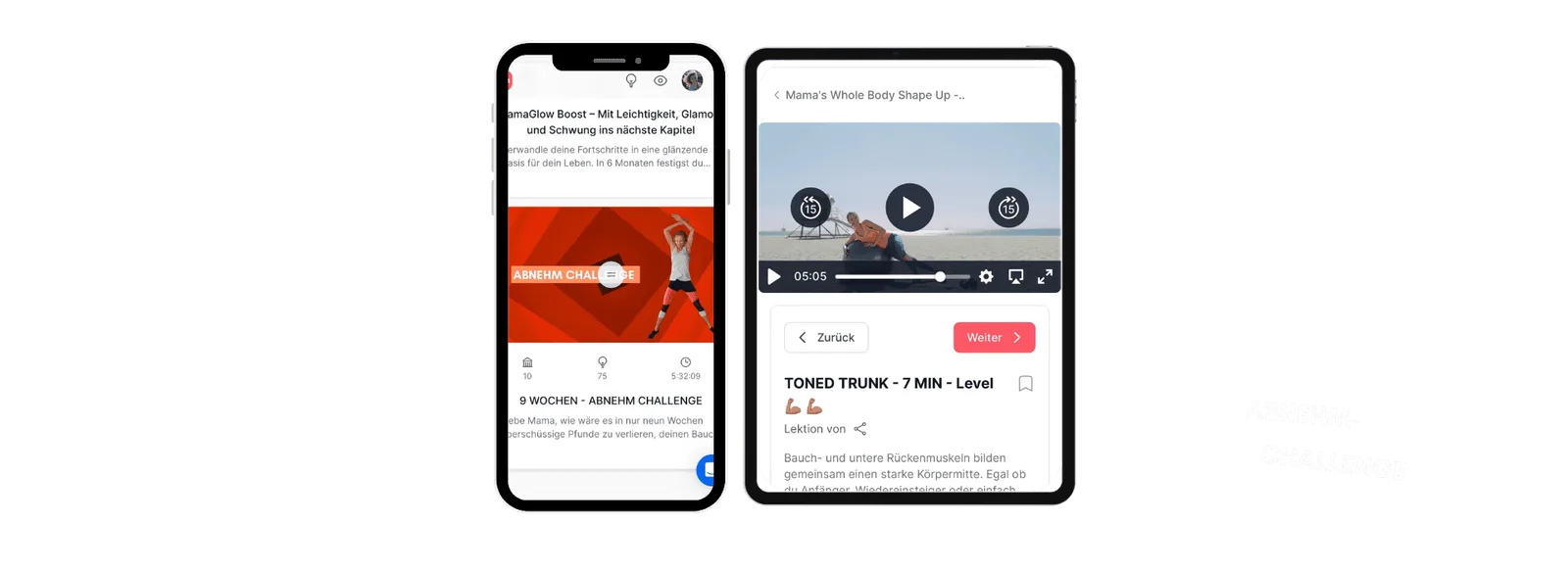 Mockup zweier Smartphones mit App-Interfaces für Challenge und Workout-Videos