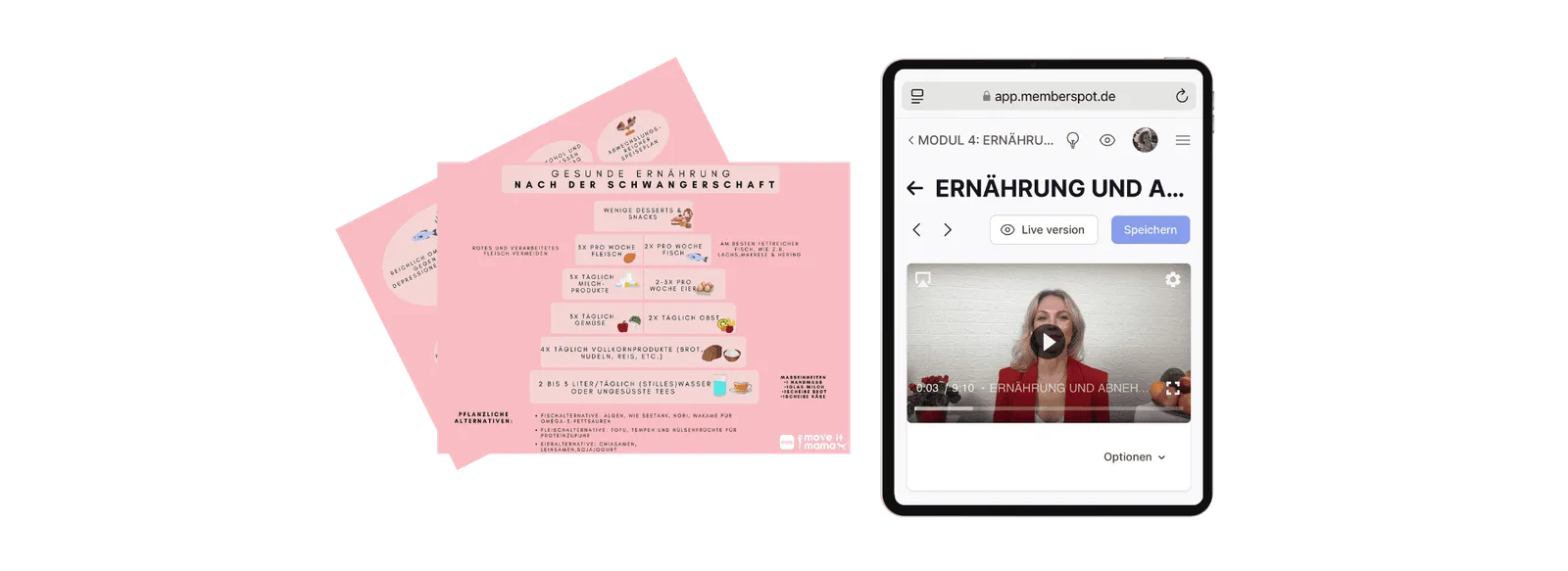 Mockup mit rosa Ernährungsplan und Smartphone-Screenshot des Nutrition-Moduls