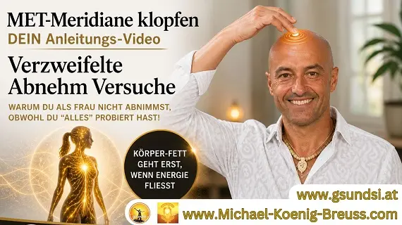 Abnehmen mit MET/EFT – Klopf-Videokurs von Michael König-Breuss 3 Videostandbild: Mann zeigt MET-Meridiane-Klopfen für Gewichtsverlust mit goldener weiblicher Silhouette