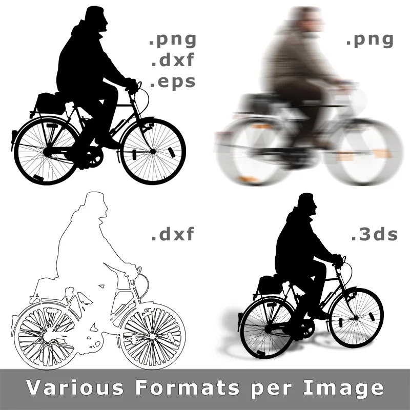 Vier verschiedene Darstellungen einer Person auf dem Fahrrad in unterschiedlichen Dateiformaten