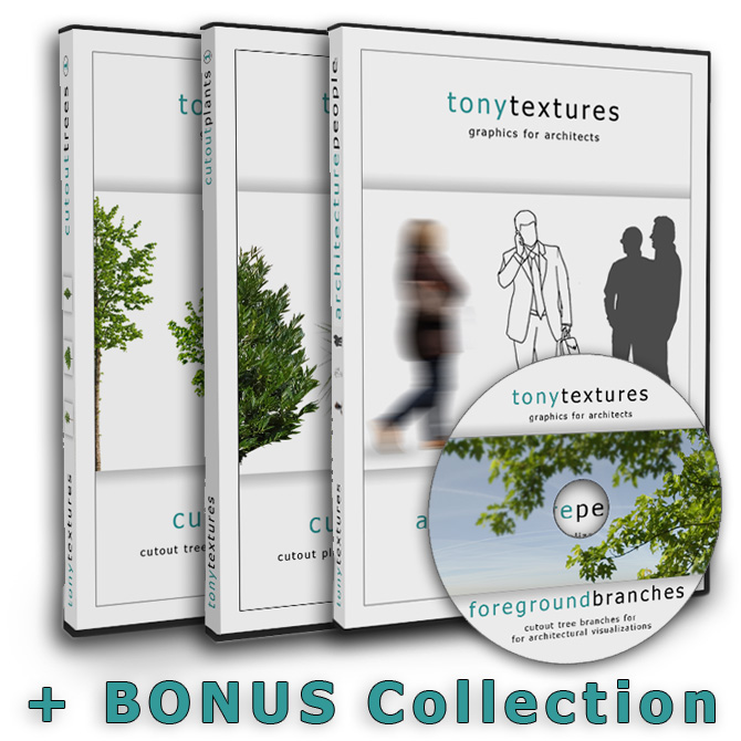 tonytextures Bundle A mit 3 Software-Boxen, Bäumen und Menschen-Silhouetten für Architekturvisualisierung