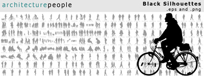Galerie mit 150 schwarzen Personen-Silhouetten und großem Fahrradfahrer-Detail