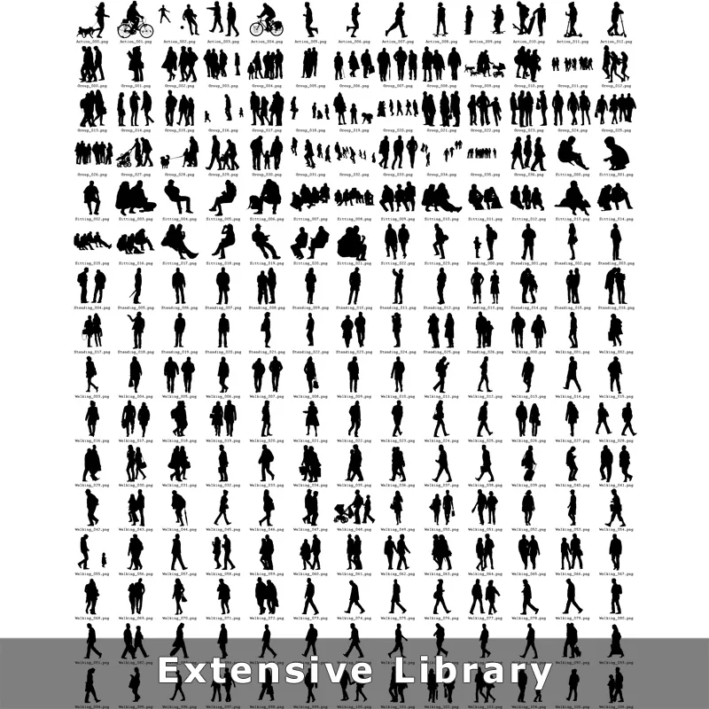 Umfangreiche Bibliothek mit über 200 Silhouetten von Menschen in verschiedenen Posen und Gruppierungen