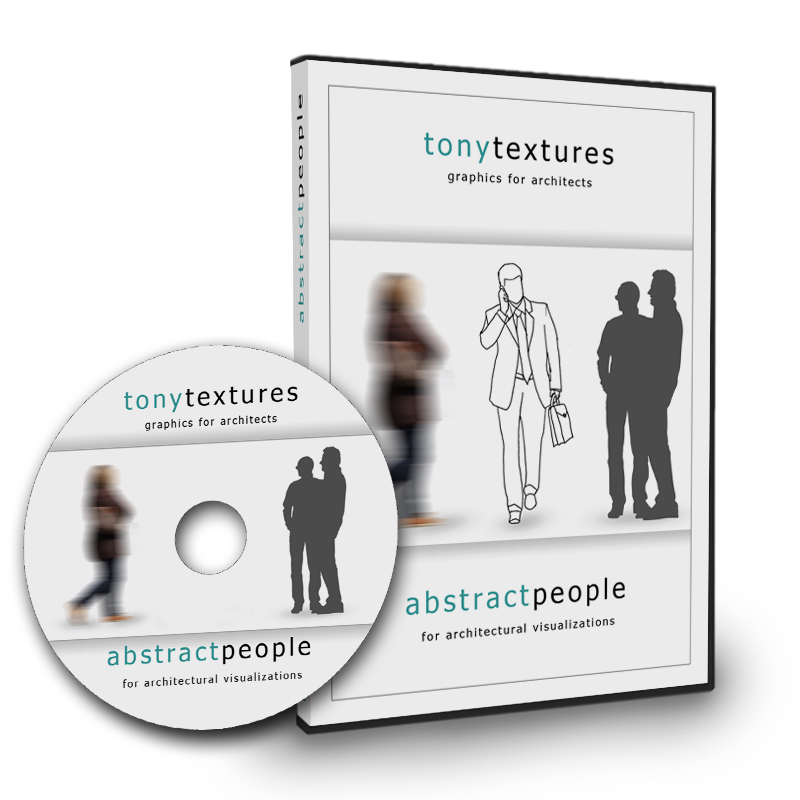 Produktbox und DVD der Tonytextures Grafiksammlung Abstract People für Architekturvisualisierungen