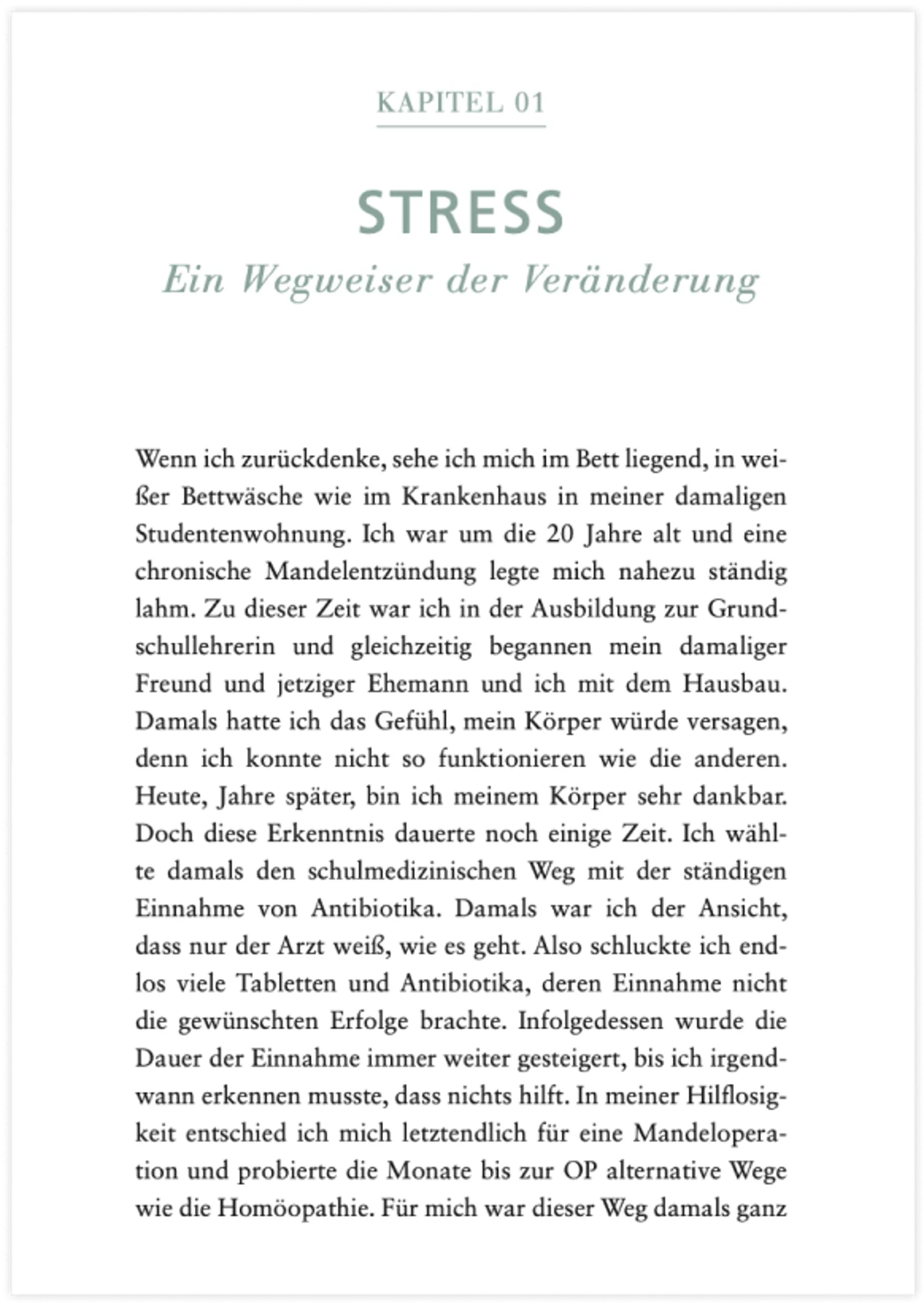 Buchseite mit Kapitelüberschrift Kapitel 01 STRESS und Textbeginn