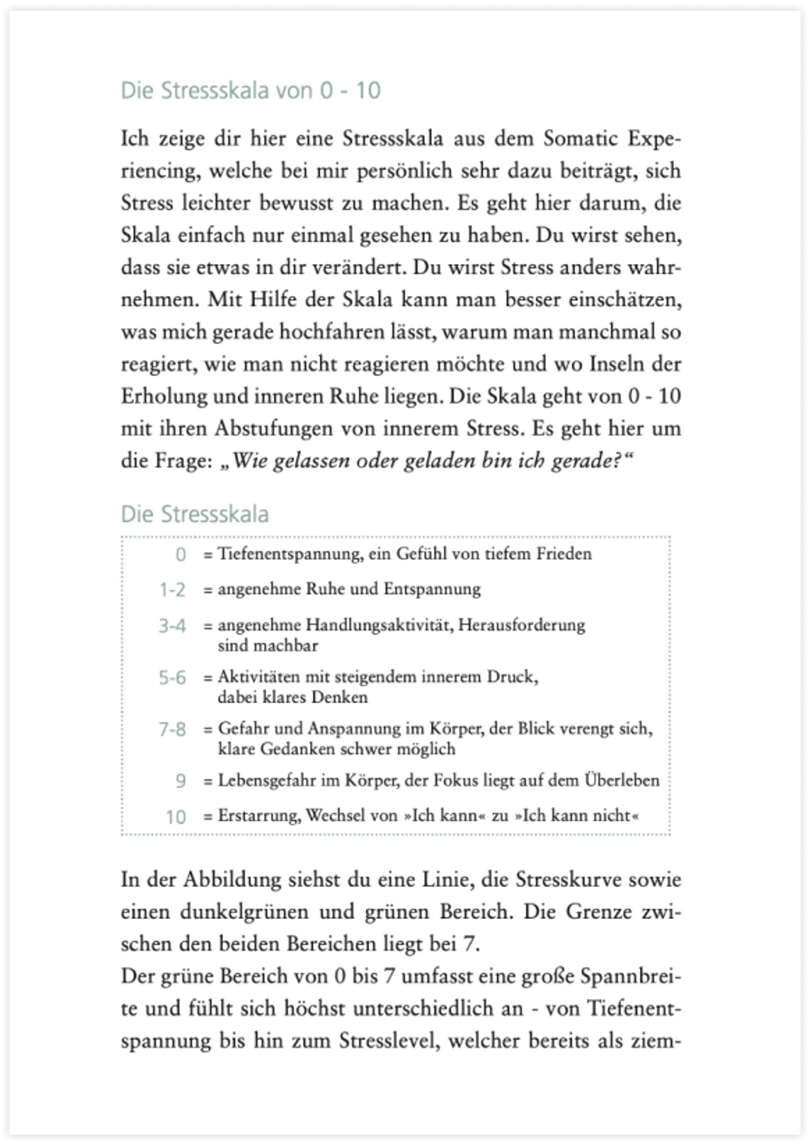Buchseite mit Stressskala 0-10 Tabelle und erklärenden Text zur Stressabbau-Methode