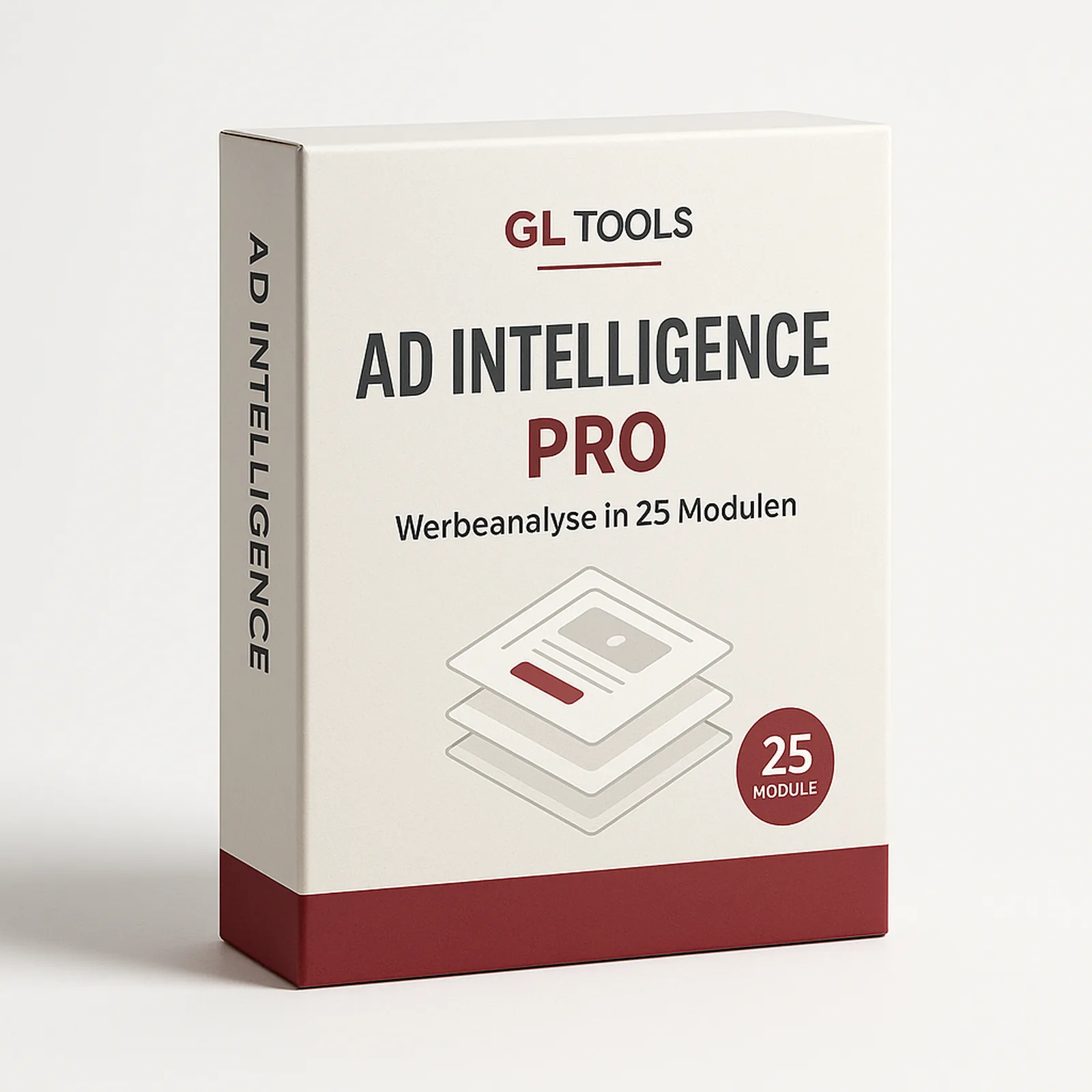 Produktverpackung AD Intelligence Pro von GL Tools, Werbeanalyse in 25 Modulen, Softbox-Design in Creme und Bordeauxrot