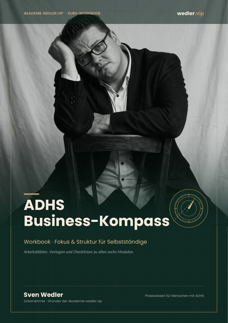 Cover des ADHS Business-Kompass Workbooks mit Porträt, Kompass-Symbol und Kursinformationen
