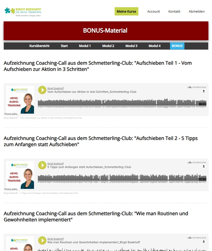 Bonus-Material-Seite des Videokurses mit Audio-Aufnahmen von Coaching-Calls