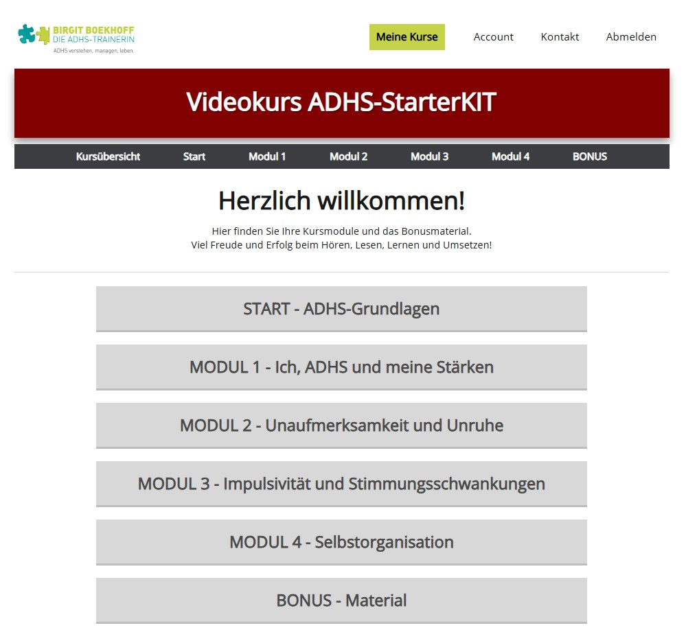 Startseite Videokurs ADHS-StarterKIT mit Kursübersicht und Willkommenstext